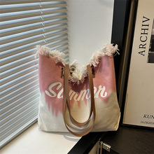 大容量包包渐变色帆布包刺绣托特包手提包女包编织沙滩单肩包Bags