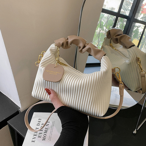 Niche personality pleated striped handheld small bag women's fashion versatile small square bag  summer simple shoulder bag