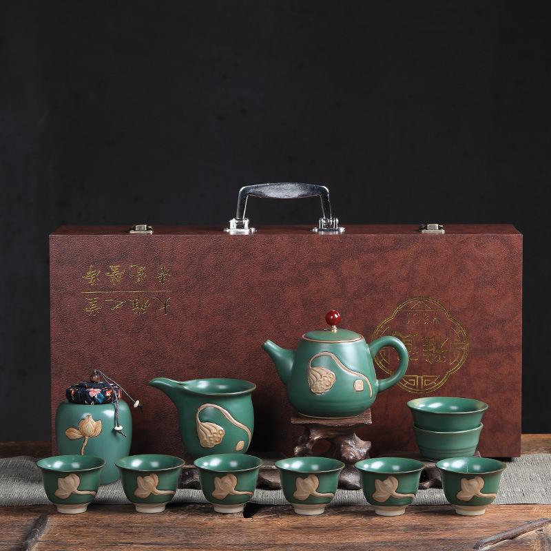 浮雕荷花亞光陶瓷功夫茶具套裝廠家批發木制禮盒包裝禮品定制LOGO