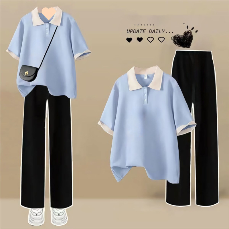 블루 살구탑 + 블랙 와이드팬츠