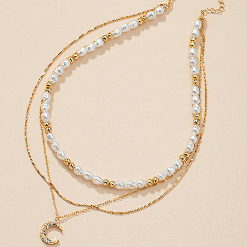 Collier De Niveau De Perles De Mode Pendentif En Strass De Lune Chaîne De Tempérament Simple display picture 3