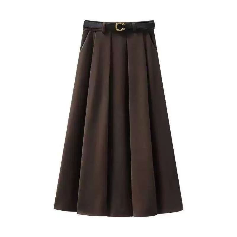 [Доставка ремня] Весенний новый костюм ткань плиссированная юбка с высокой талией тонкая юбка средней и длинной юбка моды универсальный