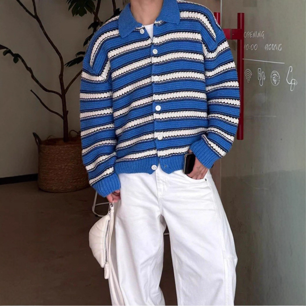 2025 New Striped Design Knit Sweater Jacket, Light Mature Style Korean Version Loose Sweater Cardigan for Men in Spring