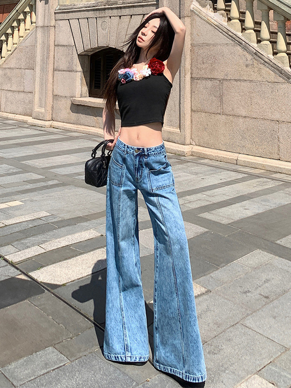 Washed Blue Flared Jeans for Women 2025 Spring and Autumn Loose Slimming Wide-Leg Pants Retro High-Waisted Versatile Pants