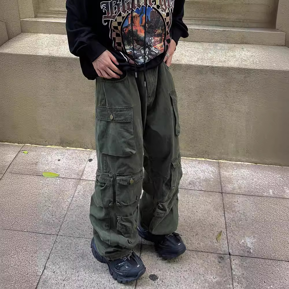 2023 estilo europeo y americano retro marca de moda casual pantalones sueltos rectos pierna ancha multi-Bolsillo overoles hombres