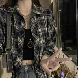 复古港风格子衬衫外套女夏季长袖休闲垂感衬衣设计感小众春秋上衣