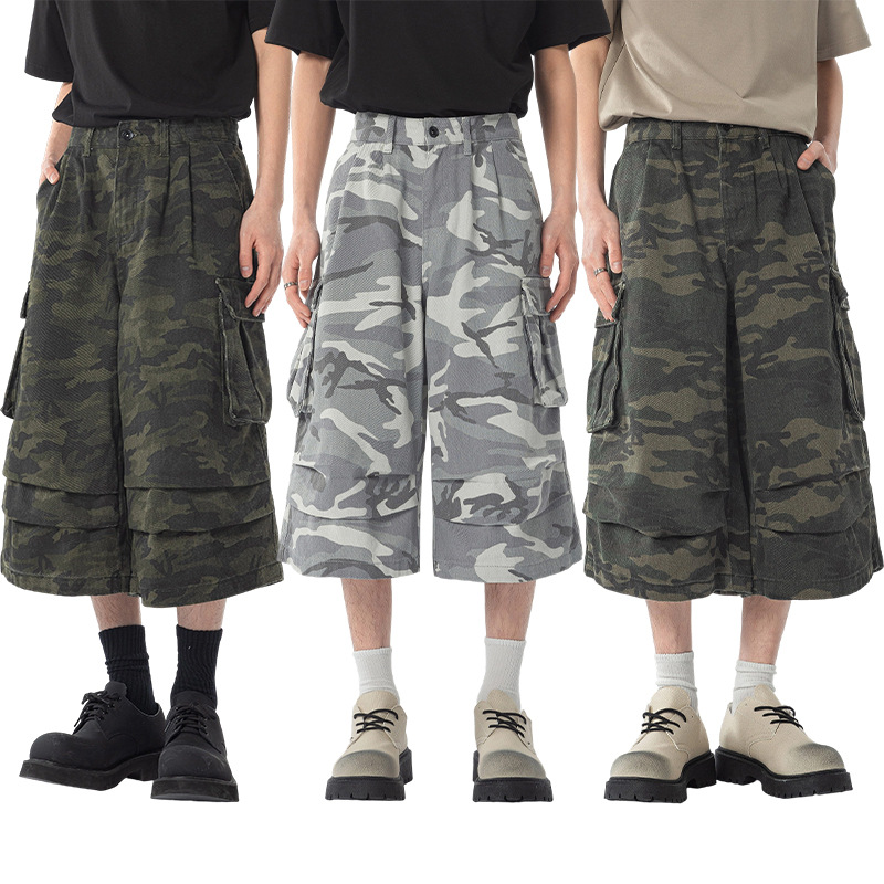 LKTM Men's American Style Multi-Pocket Camouflage Tooling Shorts Trendy Brand Design Pleated Wide-Leg Cropped Pants