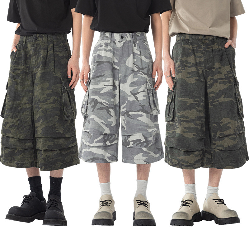 LKTM Men's American Style Multi-Pocket Camouflage Tooling Shorts Trendy Brand Design Pleated Wide-Leg Cropped Pants