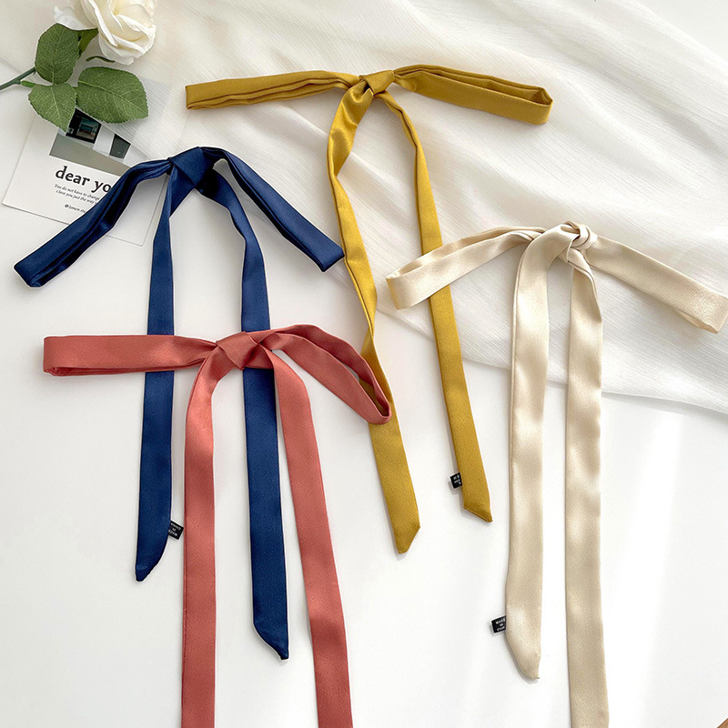 Estilo coreano de color sólido delgada estrecha larga bufanda de seda de las mujeres todo fósforo decorativo pajarita corbata de pelo bolsa pequeña bufanda de seda cinta tocado