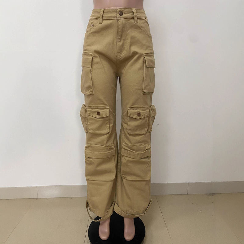LD24472新款欧美女装时尚潮流直筒宽松工装设计多口袋牛仔长裤|undefined