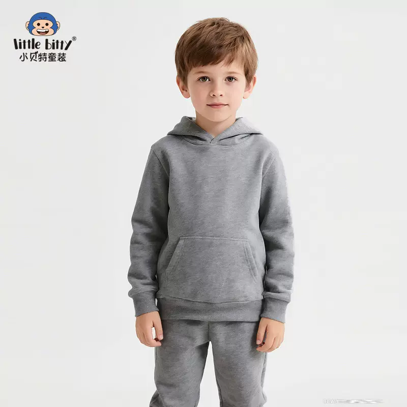 跨境2025年秋冬季儿童连帽卫衣卫裤套装纯色基础款两件套现货直发