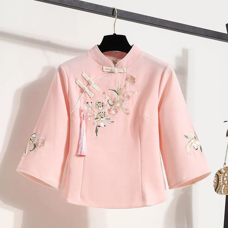 M1J новая женская одежда в стиле шинуазри с воротником-стойкой и пуговицами с вышивкой в ​​древнем стиле, топ в стиле Cheongsam, женская одежда из хлопка и льна