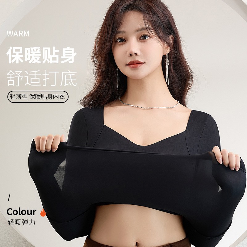 Nuevo otoño e invierno cálido superior alto elástico slim fit con almohadilla en el pecho ropa interior sin desgaste de las mujeres con cuello en V camisa de fondo ropa de otoño