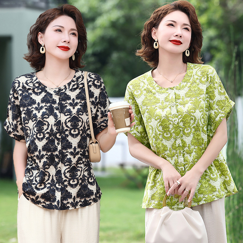 Mom's Summer Shirt 2025 Internet Celebrity New Style Printed Short-Sleeved Summer Clothes for Middle-Aged and Elderly Women's Tops T-Shirts