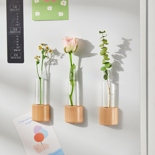 Solid Wood Refrigerator Magnet Magnetic Test Tube Vase Flower Arrangement Creative Decorative Wall Hanging Small Vase Water Culture Green Plant Flower