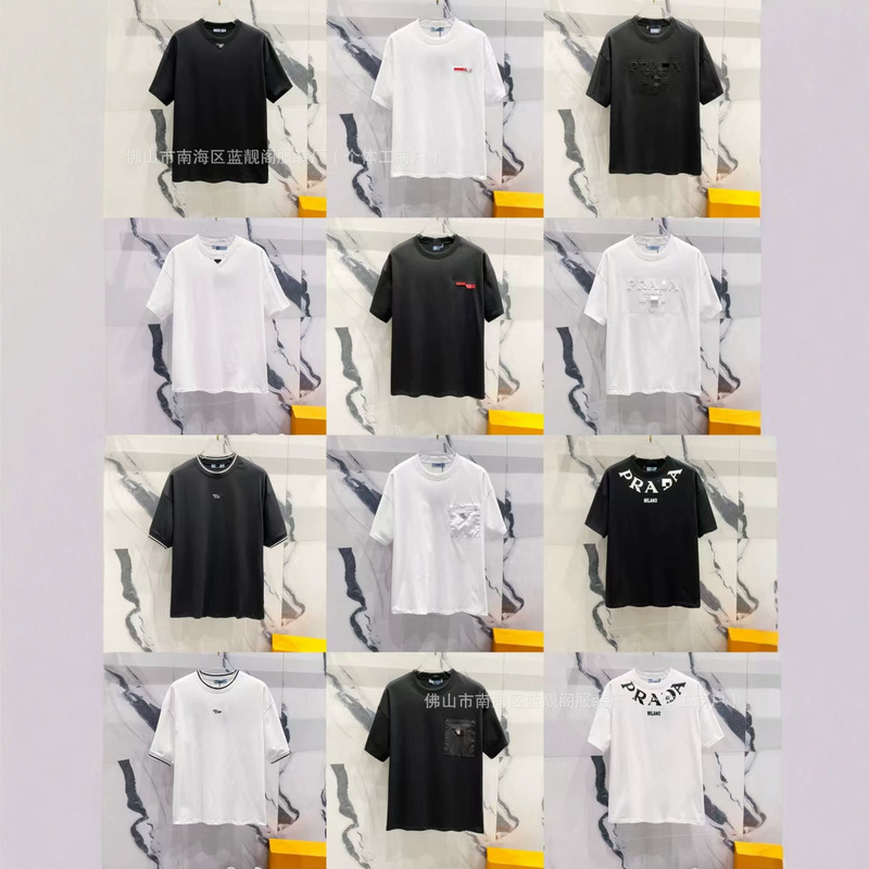 Cross-Border Authentic Luxury Fashion Pra Classic Round-Neck Pure Cotton 260g Short-Sleeve T-Shirt High-Quality Unisex Style
