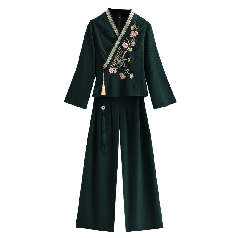  Demi-season velvet retro cheongsam, trousers for work, with embroidery, Chinese style