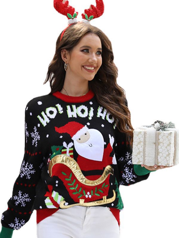 Suéter Navideño Popular Transfronterizo Estilo Europeo y Americano para Mujer, Otoño-Invierno 2025, Nuevo Suéter Dulce Bordado con Diseño Navideño