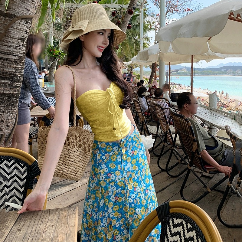 Dopamine Pure Desire Hot Girl Yellow Strapless Top Women's Summer Seaside Vacation Style Photo Wear Atmosphere