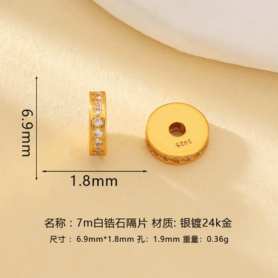 Zərgərlik ara hissələri, 925 Silver Gold-Plated Zircon-Inlaid - 7mm-white-zircon-spacer-beads