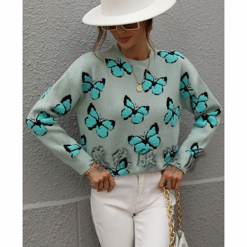2022 Winter European and American Printing Butterfly Crewneck Foreign Trade Cross-border Women's Loose Large Size Knitted Shirt Pullover Women's Sweater 2022 Winter European and American Printing Butterfly Crewneck Foreign Trade Cross-border Women's Loose Large Size Knitted Shirt Pullover Women's Sweater