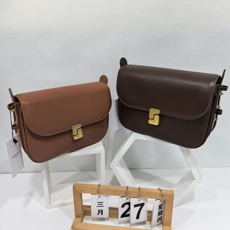 2026 New Soeur Vintage Cowhide Crossbody Small Square Bag for Women, Luxurious Shoulder Bag, Tofu Bag, Large Brown Size