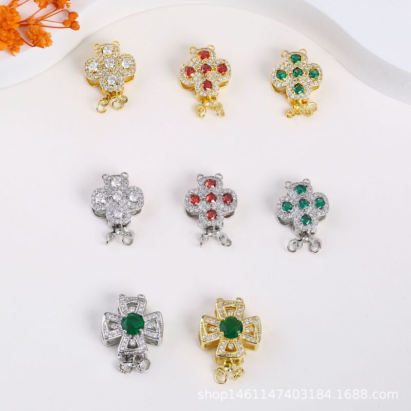 Color-preserving Zirconium Plum Four-leaf Clover Double-row Buckle Buckle Universal Buckle Processing Jewelry Accessories Color-preserving Zirconium Plum Four-leaf Clover Double-row Buckle Buckle Universal Buckle Processing Jewelry Accessories