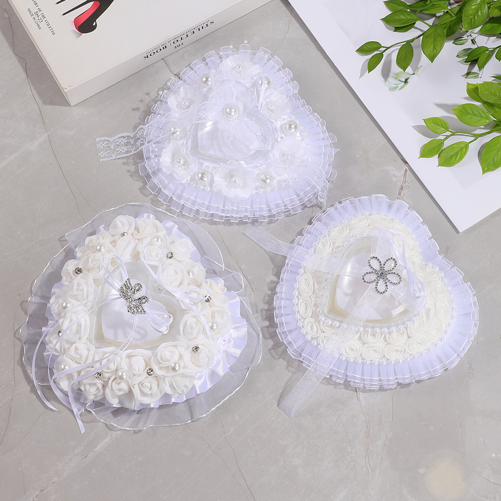 心形戒指盒西式婚礼珍珠爱心戒托欧式白色蕾丝花边装饰LOVE钻戒盒