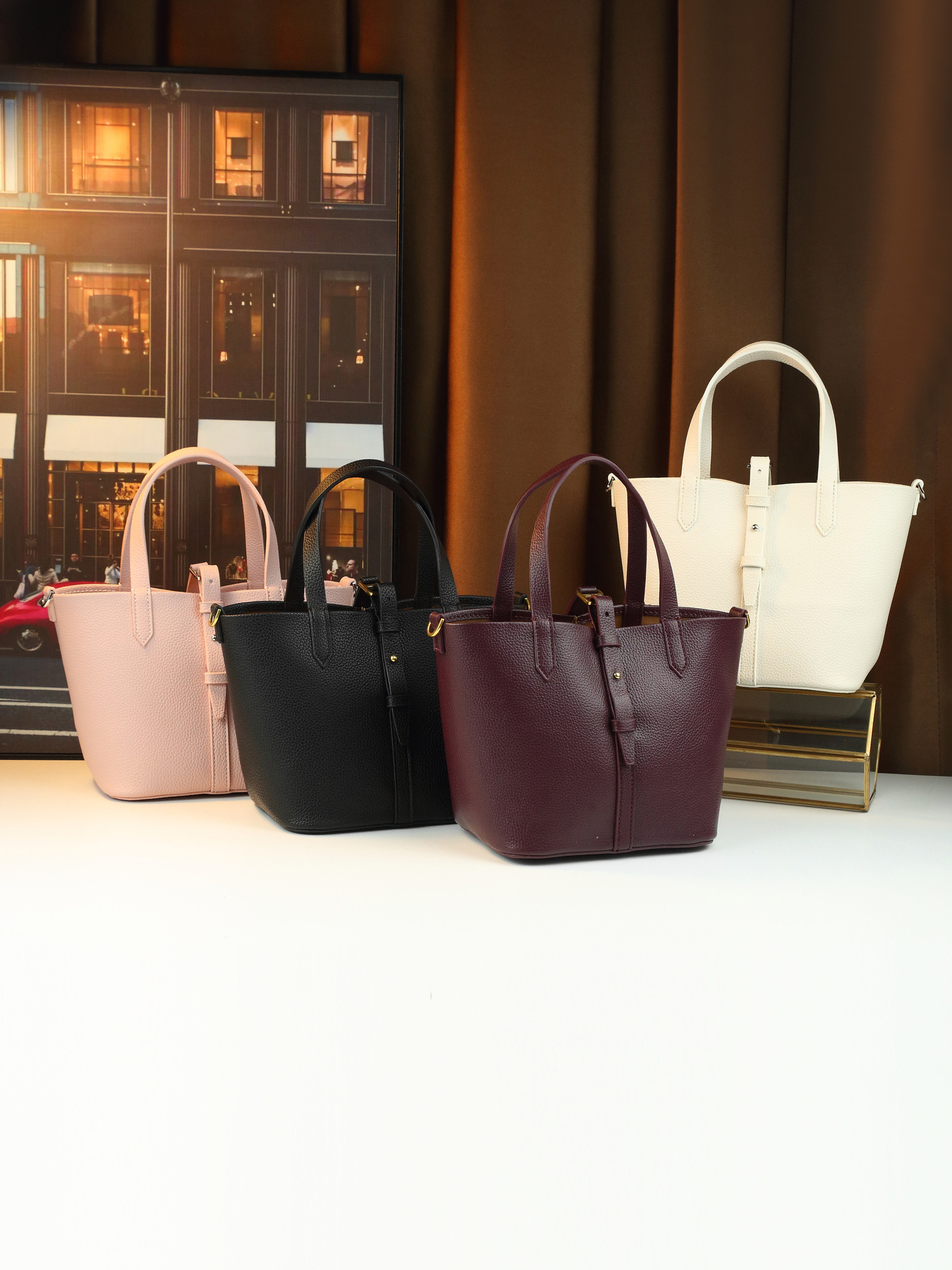 Lychee Pattern Women's Handbag Solid Color Bucket Bag Versatile Shoulder/Crossbody Bag For Commuting PU Leather Zipper Closure Medium Size_voghion.com