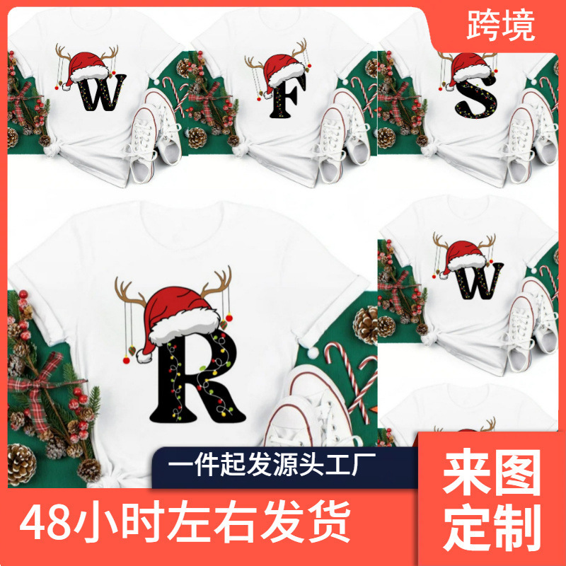 Christmas Hat a to Z Letter Extra Large T-Shirt Christmas Family Party Event Short Sleeve T-Shirt Extra Large Streetwear