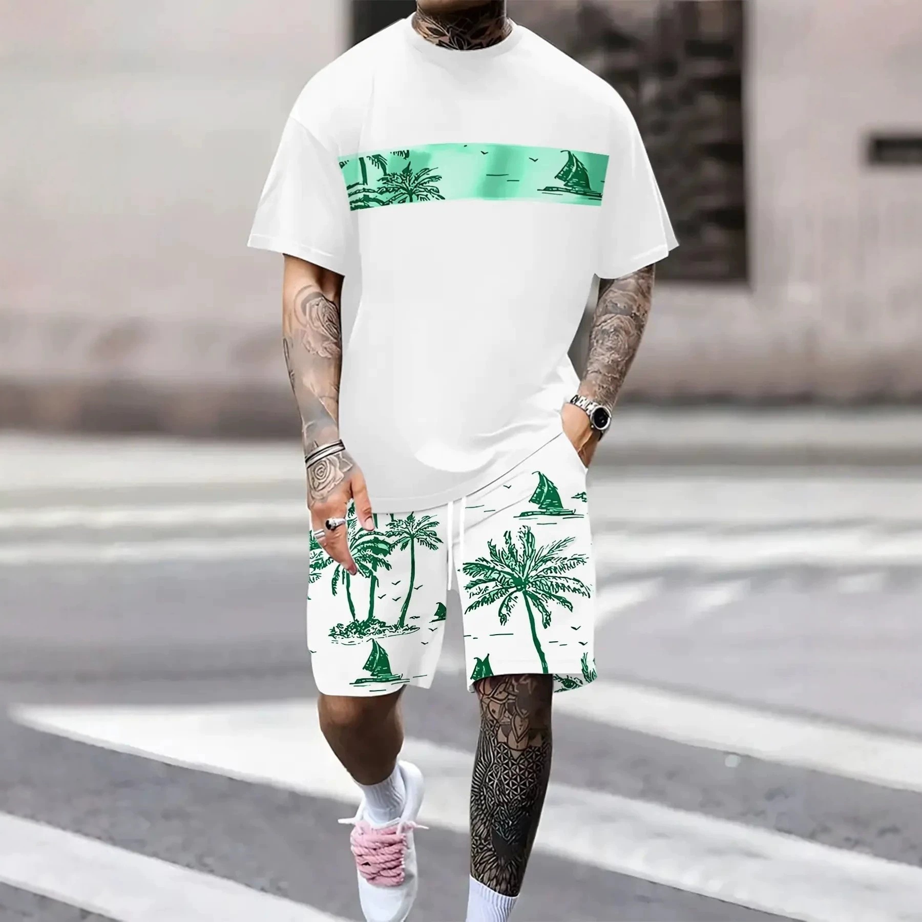 Summer 3D Sailboat Print Men's Suit Casual Loose Fit Versatile Comfortable Everyday Wear_viptrois.com