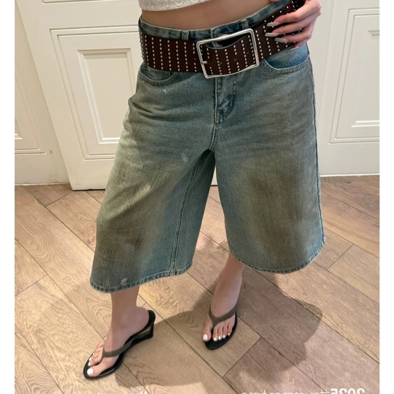 Sun11 Heavy-Duty Distressed Dirty Washed Denim Mid-Pants for Women Summer Loose Wide-Leg Straight-Leg Color-Washed Casual Shorts Sun11 Heavy-Duty Distressed Dirty Washed Denim Mid-Pants for Women Summer Loose Wide-Leg Straight-Leg Color-Washed Casual Shorts