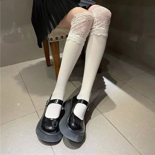 White lace lolita calf socks jk socks women's mid-calf long lace Japanese white stockings half-leg lolita