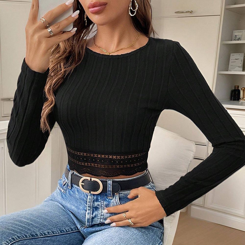 Voya Women's Simple And Versatile T-shirt With Spring And Summer Lace And Lace Trim, Slim Fit, Short Length, Long Sleeved Inner Top_ecoleips.com