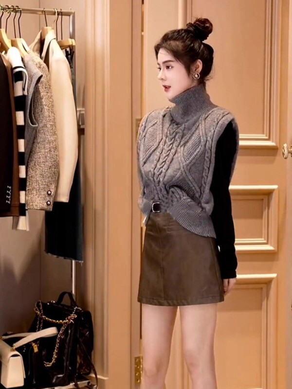 【Floral Velvet】Knitted Vest High Collar Reversible Waistcoat Vest Autumn Winter New Chanel Style Winter Sweater for Women