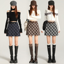 韩系格子毛呢半身裙短裙女秋季新款高腰显瘦冬季a字包臀裙子半裙