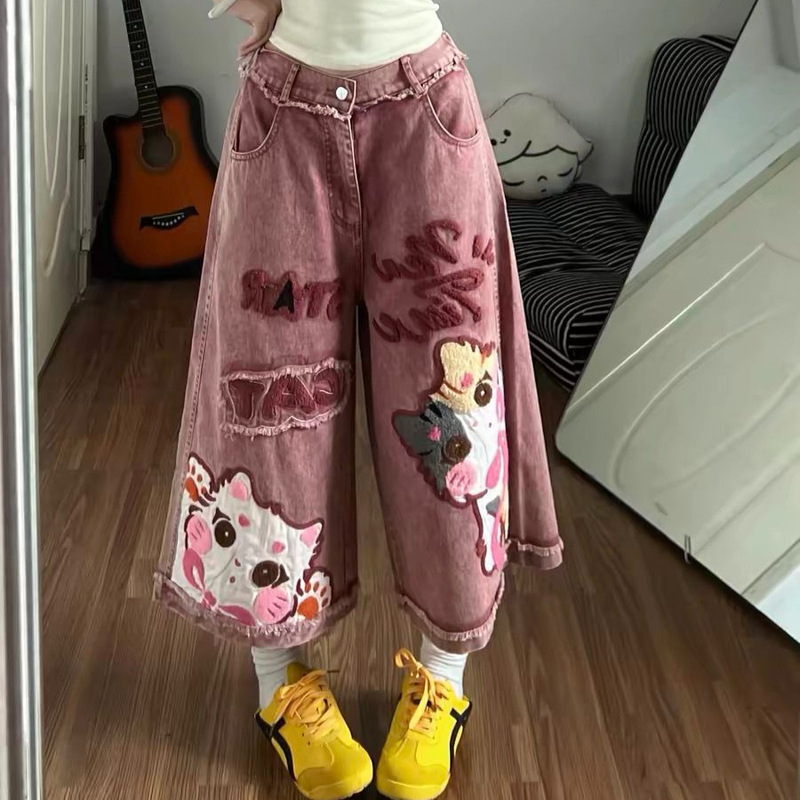 Gorgeous Cropped Pants for Women, Summer American Retro Cartoon Embroidered Denim Trendy Loose Wide-Leg Casual Shorts Gorgeous Cropped Pants for Women, Summer American Retro Cartoon Embroidered Denim Trendy Loose Wide-Leg Casual Shorts