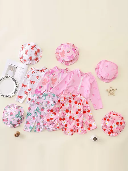 Cpc Children's Clothing Girls' Bow-Knot One-Piece Swimsuit Baby Girl Sun-Protective Long-Sleeve One-Piece Swimsuit Children's Swimsuit + Hat