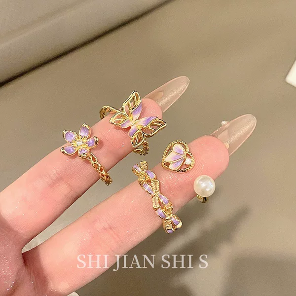 Purple Rhyme Spring Flower Pu Butterfly Enamel Opening Ring Women's Explosive Niche Western Style Elegant Light Luxury Finger Ring