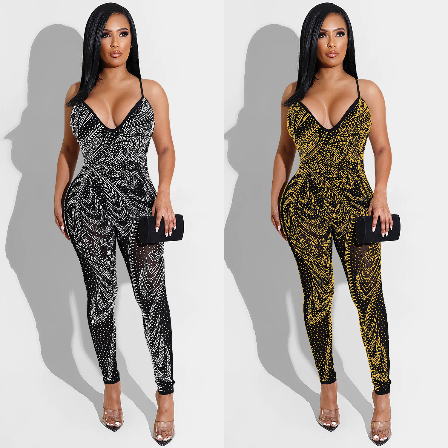 X5280 transfronteriza verano nuevo europeo y americano de las mujeres sexy nightclub malla transparente leche seda suspender pantalones mono image 2