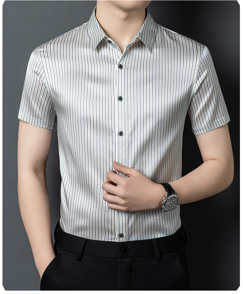 Áo sơ mi nam tay ngắn lụa tơ tằm Mulberry cao cấp, phong cách thời trang thoáng mát — sọc xanh chi tiết 13