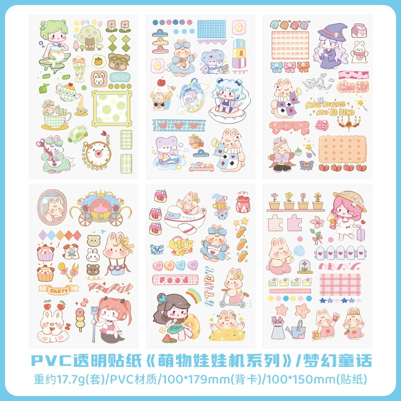Transparent PVC Waterproof Stickers — Cute Cartoon Multi-Design Sheets, Single Pack (Various Themes)