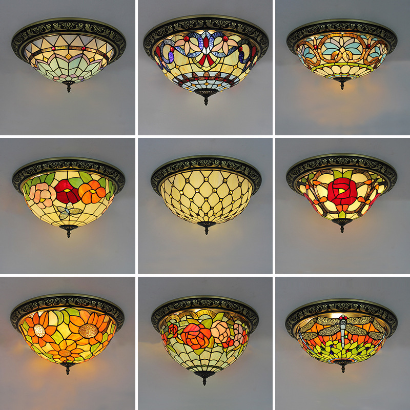 Old Shanghai Retro Ceiling Lamp Glass European Living Room Lamp Restaurant Dining Room Stained Glass Warm Creative Art