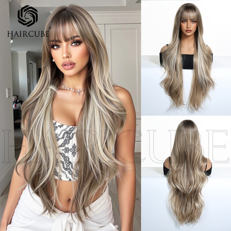 European and American Cross-Border Wigs for Women with Big Waves and Highlights, Full Headgear with Bangs, Long Curly Hair, Ready-Made Factory Wholesale Wigs European and American Cross-Border Wigs for Women with Big Waves and Highlights, Full Headgear with Bangs, Long Curly Hair, Ready-Made Factory Wholesale Wigs