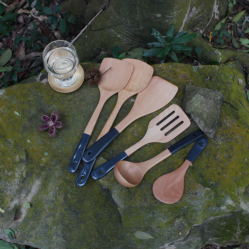 榉木蓝灰色手柄烹饪铲勺套装不粘锅煎铲炒菜锅铲木汤勺木质小饭铲