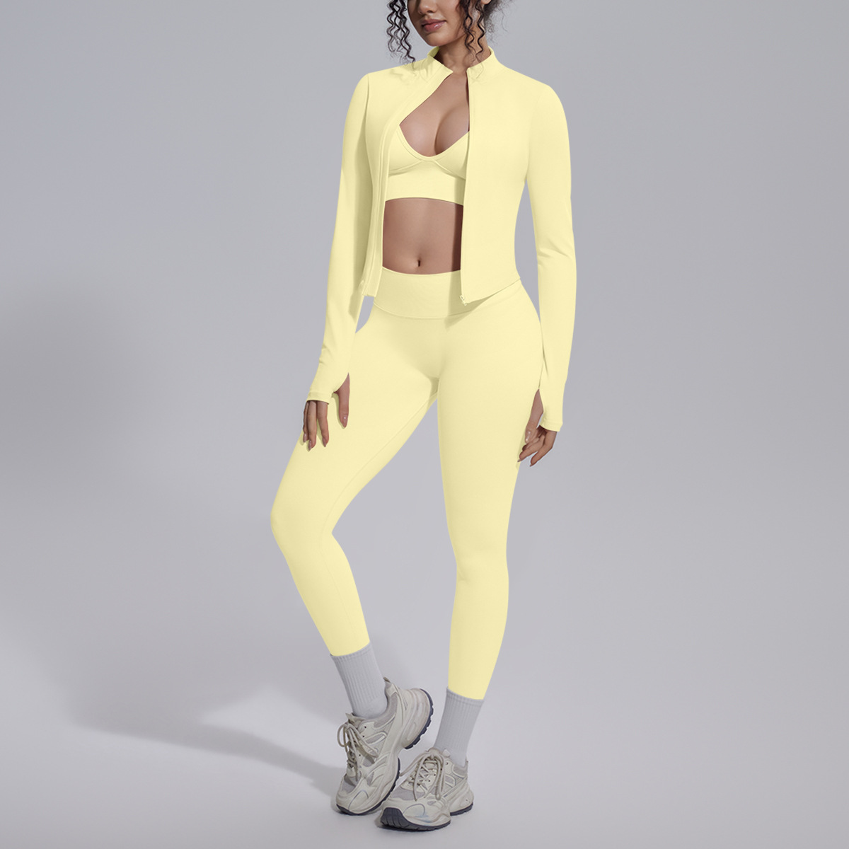 Nuevo transfronterizo sin costuras color sólido apretado alto elástico hermoso trasero transpirable tres piezas juego de ropa de yoga deportiva para correr image 11