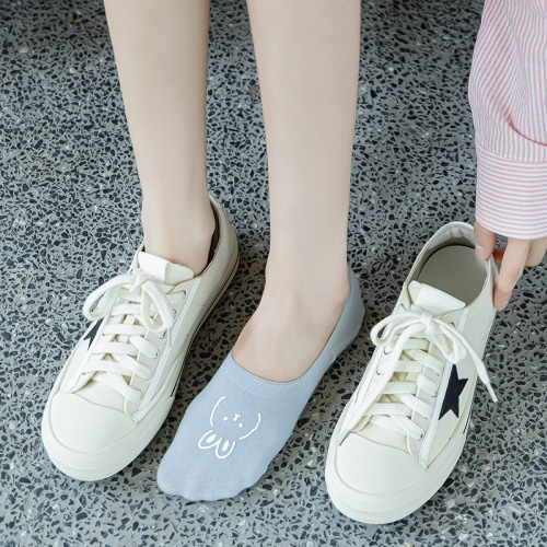 Children's Invisible Socks for Spring and Summer, Breathable Mesh with Heat Transfer Printing, Solid Color Cotton Socks, Cute Rabbit Cartoon Design, Thin Model, Low-Cut Boat Socks