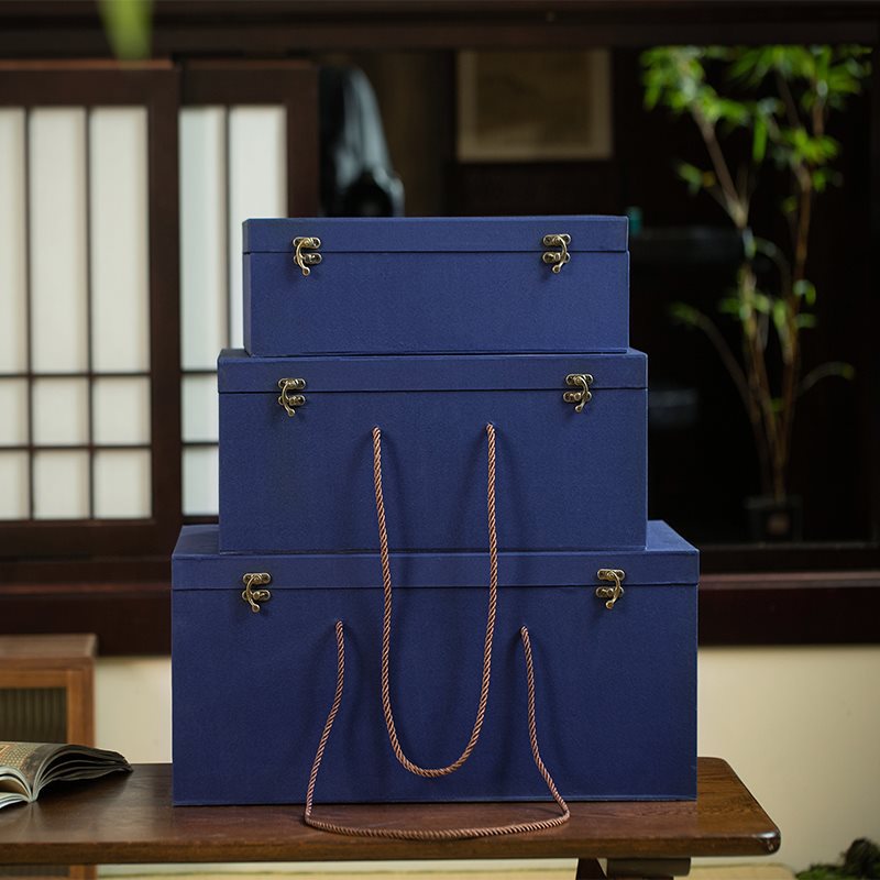 蓝色布面锦盒长方形玉器石头古玩碗摆件礼盒空盒正方形礼品盒