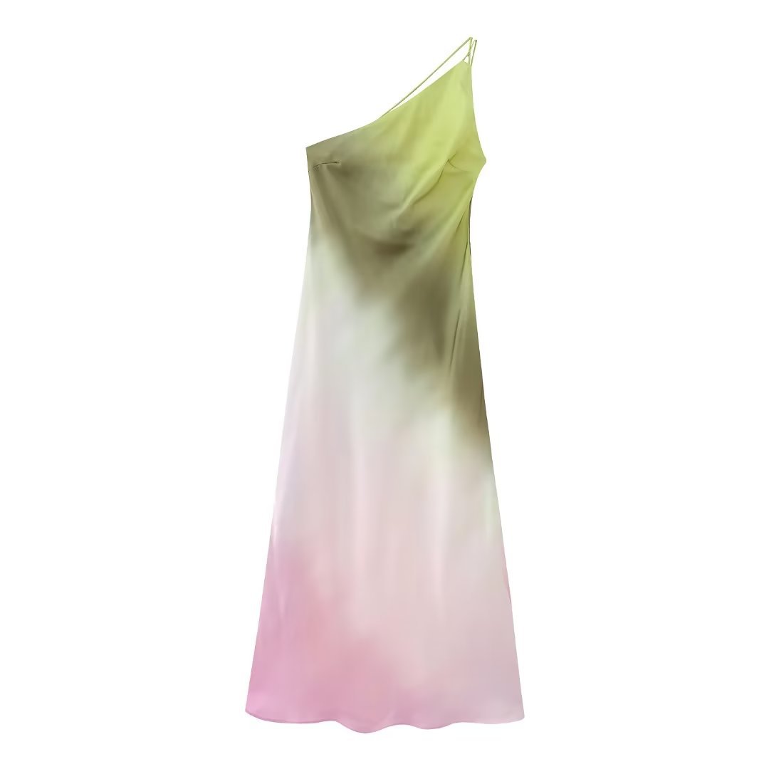 254g Weight Maxi Long Dress Dress Length Type Wholesale Women's Elegant Streetwear Contrast Binding Color Block Holiday Oblique Collar Sleeveless One Shoulder Dress