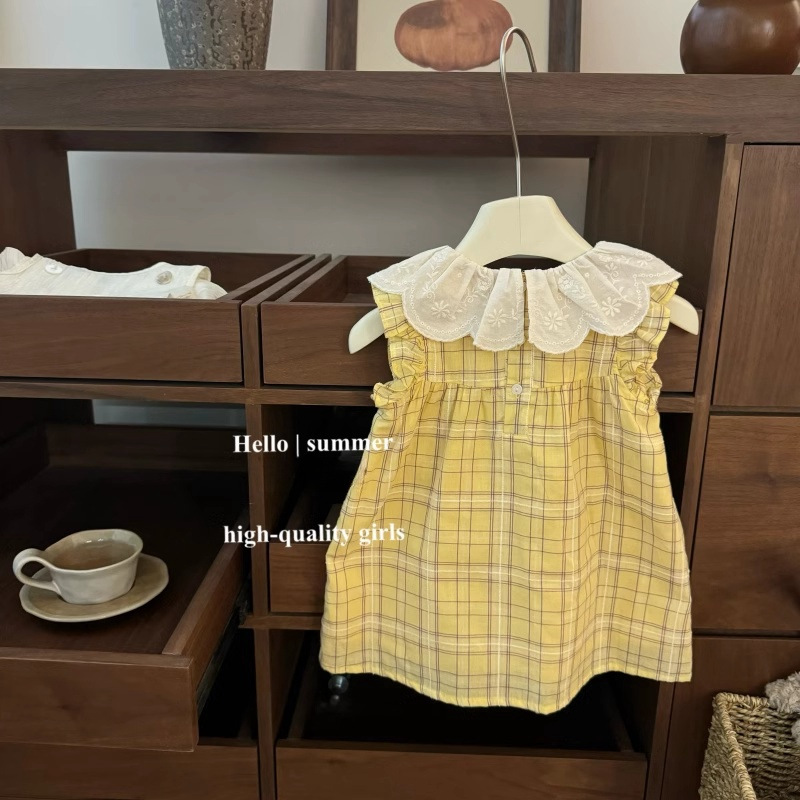 [Xianning Seven] ¡A cuadros amarillos retro franceses! Vestido de falda bordada de solapa bordada de bebé Xiaofei de moda